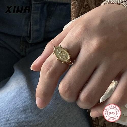 European Gold Color 925 Sterling Silver Adjustable Rings for Women Dainty Oval Rose Flower Luxury Ladies Fashion Jewelry