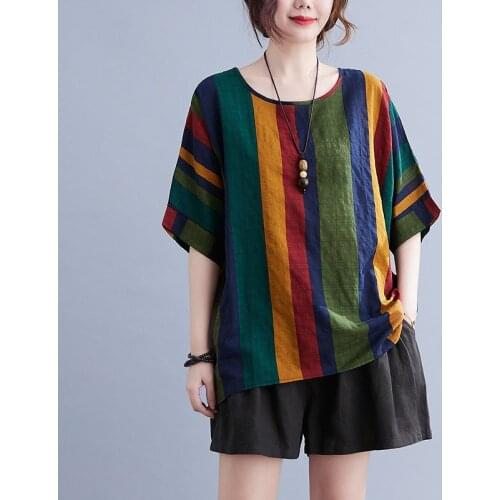 Oversized Women Cotton Linen Casual T-shirts New Arrival 2021 Summer Vintage Style Colorful Striped Loose Female Tops Tees S3569
