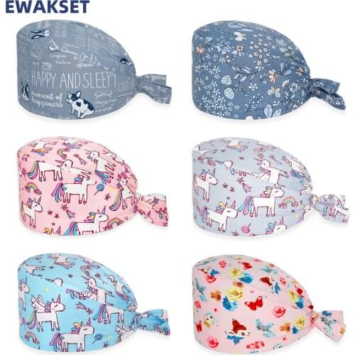 Unisex Surgicals Hats Adjustable Cotton Scrub Cap with Buttons Cartoon Print Bouffant Hat Head Scarf Scrubs Nursing accessories