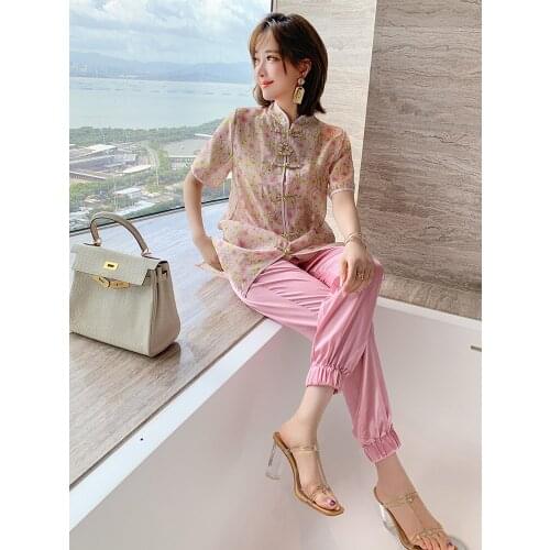 Chinese printing plate buckles long shirt + high waist beam foot trousers slacks suit female amoi