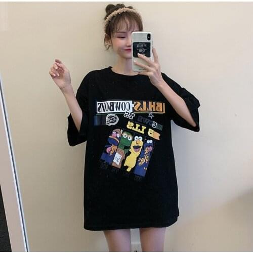 Summer college style cartoon print half-sleeved mid-length loose cotton T-shirt all-match casual women