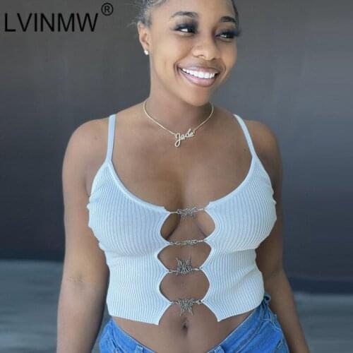 LVINMW Solid Stretchy Casual Ribbing Spaghetti Straps Crop Top Hollow Out Sexy Slim Basic Women Tops Butterfly Summer Camisole