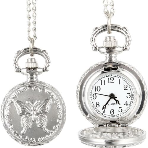 Fashion Vintage Quartz Pocket Watch Alloy Flowers Butterfly Women Lady Girls Necklace Pendant Sweater Chain Clock Gifts