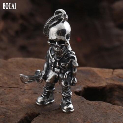 BOCAI New Real s925 Pure silver jewelry fashion pendant creative personality skull soldier with knife pendant for men and women