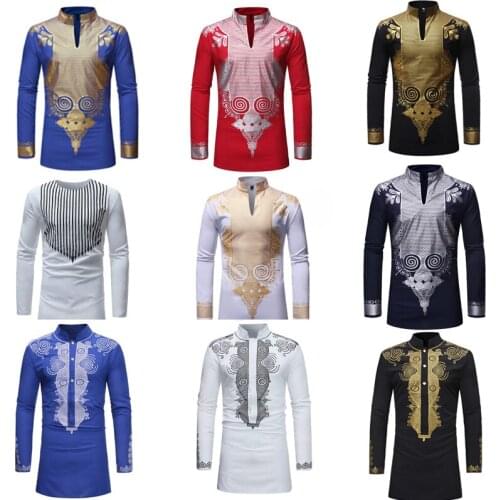 New African Tops for Men 3D Dashiki Print Full Sleeve Luxurious T-shirt V-neck Traditional Ethnic Tribe Style Multicolor Outfit
