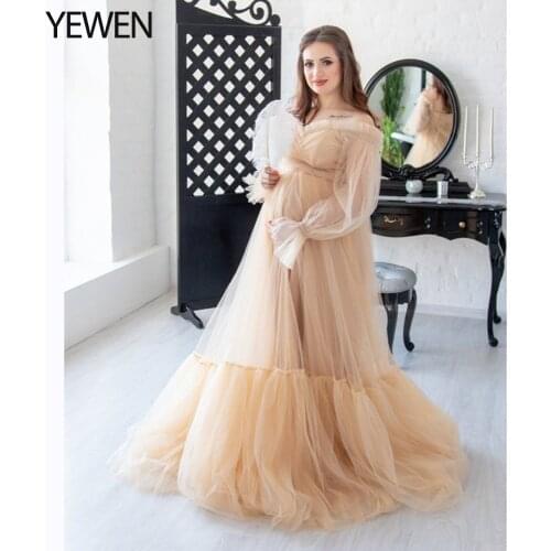 Champagne Maternity Dress for Photo Shoot Fancy Photography Props Tulle Pregnancy Dress Plus Size YEWEN 2021
