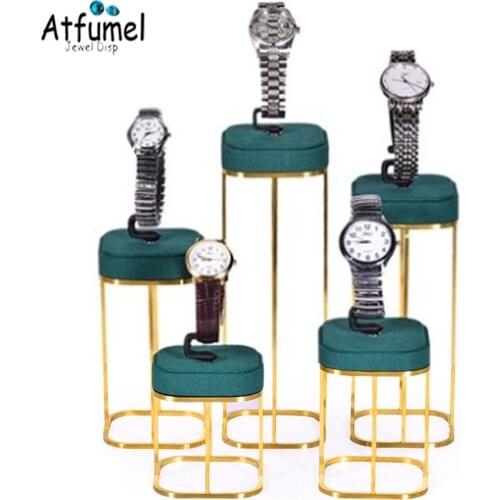 Gold Metal Counter Jewelry Display Rack With Green Microfiber Watch Holder Bracelet Wristwatch Window Organizer Display Stand