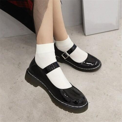 PXELENA Plus Size 34-43 JK Goth Girls Mary Janes Shoes Med Heels Student Collegiate Pumps Women 2021 Fall Spring Patent Leather