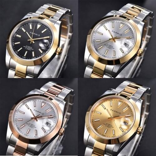 PARNIS Luxury 40mm Automatic Men Watch Sapphire Glass Gold Plated Mental Watch Band
