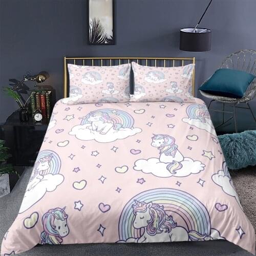 Pink Cartoon Unicorn Bedding Set Kawaii Kids 3D Print Comforter Luxury Queen King Single Duvet Cover Set Home Textile Modern