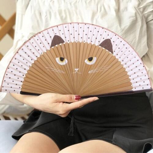 Silk Cloth Summer Cute Cat Chinese Fans Silk Bamboo Hand Painted Cartoon Cat Folding Fan Party Decoration