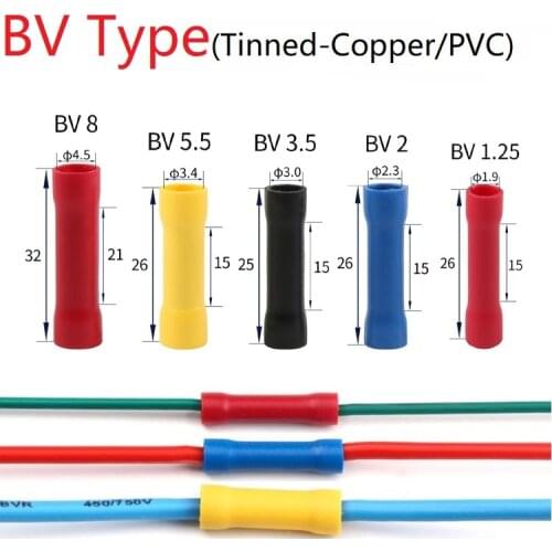 50pcs BV1.25 BV2 BV3.5 BV5.5 BV8 Straight Butt Wire Terminal Splice Crimp PVC Insulated Copper Tube Cold Press Cable Connect