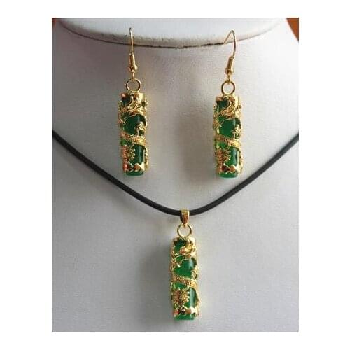 Unique dragon inlay green cylinder natural JADE pendant & earrings sets