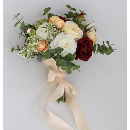 SESTHFAR Vintage Artificial Bridal Brooch Bride Flower Bouquet Burgundy Rose Dark Red Wedding Bouquet Photo Charm Ramo De Novia