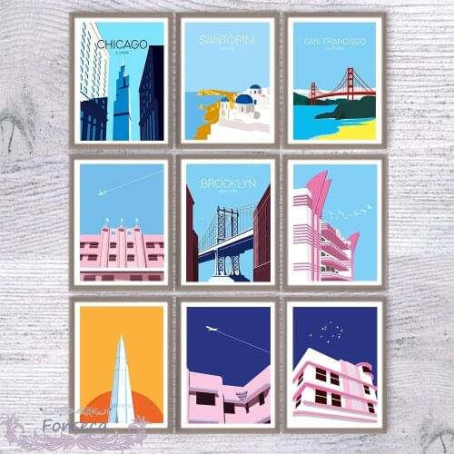 Vintage Travel City Landscape Poster Wall Art Canvas Painting Santorini San Francisco Chicago Miami Brooklyn Pictures