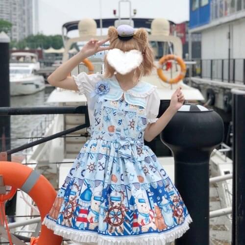 Japanese Kawaii Lolita Dress Sailing Bear Printing Dress Sweet Blue Strap Jsk Dress Blue Color Summer Bowknot Dresses