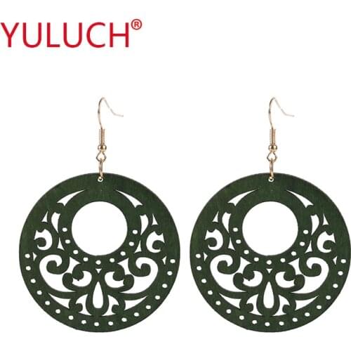 YULUCH New Arrival National Jewelry Earrings Wooden Round Hollow Lucky Charm Pendant Hip Hop Personality Woman Fashion Jewelry