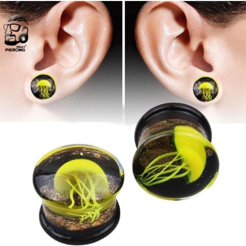 New 1 Pair Double Flared Yellow Jellyfish Glass Ear Plug Gauges Earring Piercing Expander Flesh Tunnel Stretcher Body Jewelry