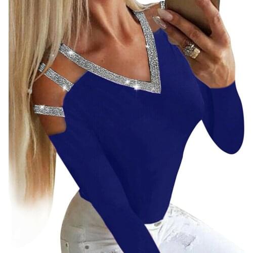 Women Sexy Sequin Blouse V-neck Cutout Sparkly Off Shoulder Long Sleeve Party Pullover Casual Blouse Tops Ladies Tee Tops NEW