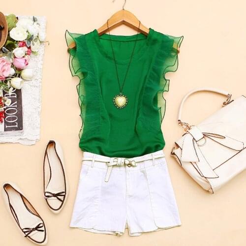 Summer women 2019 new Round neck wild sleeveless shirt Organza wooden ear casual chiffon T-shirt Sweet top