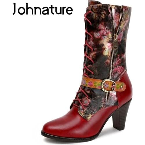 Johnature Women Shoes Platform Boots Genuine Leather 2020 New Warm Winter Mixed Colors Zip Sewing Handmade Concise Ladies Shoes