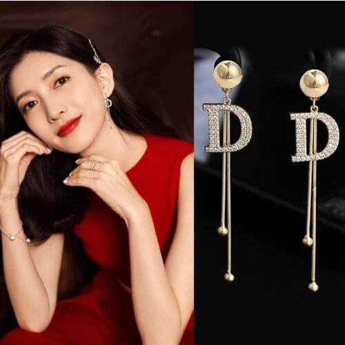 Luxury Brand Tassel Crystal Letter D Long Drop Earrings For Women Fashion Earrings Statement Wedding Jewelry Oorbellen Brincos