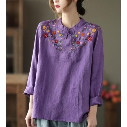 2021 Spring Vintage Floral Embroidery Shirts Women Full Sleeve Thin Linen Indie Folk Style Tops Female Wild