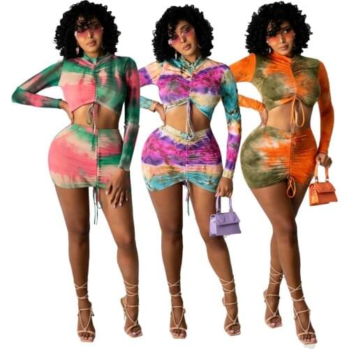 Sexy Tie Dye Tight Two Pieces Skirt Sets Women Long Sleeve Turtleneck Crop Top + Drawstring Mini Skirts Spring Summer Clubwear