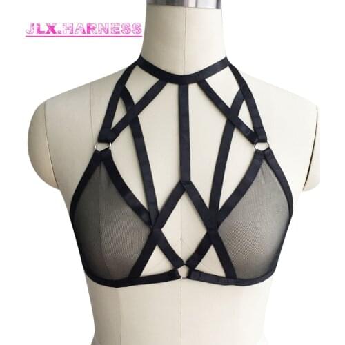 New Womens Body Harness Belt Black gauze underwear Stretch Lace bra Cincher With Garters Sexy crops top goth harness