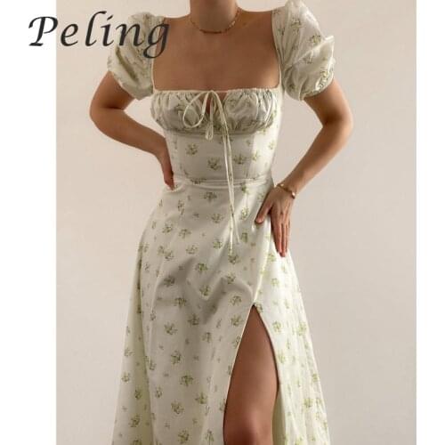 Peling 2021 Fashion Floral Printed Spring Summer Dress Casual Beach Women Vintage Ruffles Boho Dress Robe Femme Dresses Vestidos