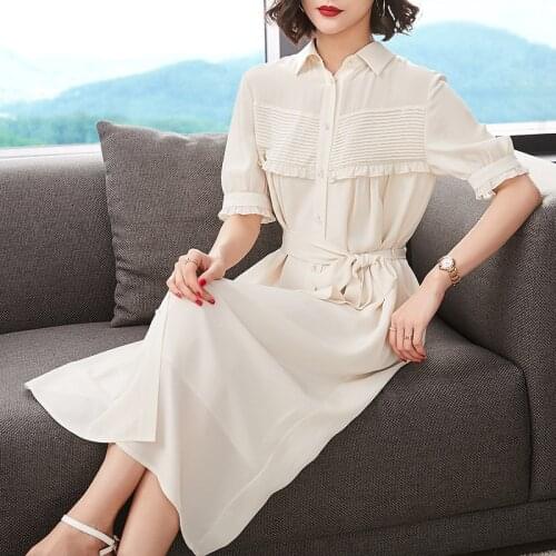 Offwhite Pleated Silk Shirt Dresses Women 2021 Summer Long Casual Sexy Office Work Daily Dress Plus Size Slim Fit A Line