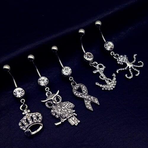 5pcs 2019 new arrivals clear crystal crown owl ribbon octopus anchor dangling navel belly bar button rings body piercing jewelry