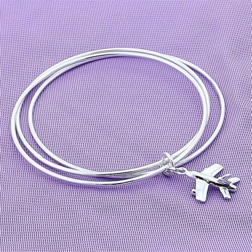 925 Sterling Silver Three Circle Airplane pendant Bangle Bracelet For Women Wedding Engagement Fashion Charm Party Jewelry Gift