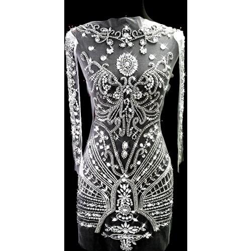 HAUT Couture Handmade White Sew on Crystals Rhinestones Clothes Applique Patch for Designs Prom Gown Wedding Event Dress Costume