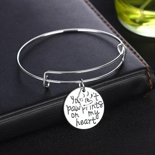 "You Left Paw Print On My Heart" Memory Bracelet Dog Cat Pet Loss Bangle Jewelry Silver Plated Dog Paw Pendant Expandable Wire