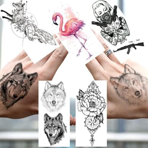 Black Wolf Temporary Tattoos Sticker Fake Cool Gangster Firearms Tattoos DIY Waterproof Flower Flamingo Tatoo For Adult Body Art