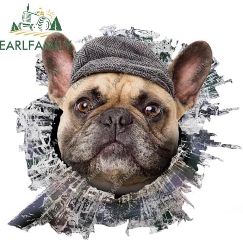 EARLFAMILY 13cm x 11.8cm 3D French Bulldog Broken Glass Car Decal Cute Bull Dog Car Sticker Rear Windshield Crack Stickers