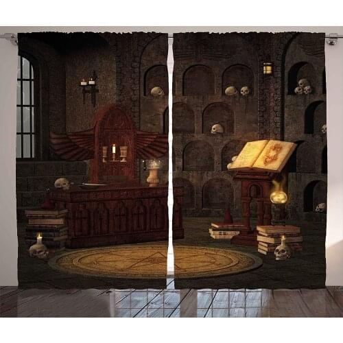 Gothic Curtains Chamber of Secret Rite with Skulls on The Wall Sorcery Spell Image Print Living Room Bedroom Window Drapes Brown