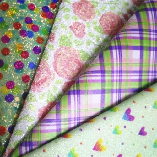Leo Leather Polaka Dots Rose Hearts Printed Glitter Leather Fabric Tartan Printed Synthetic Leather BOWS DIY 21X29CM G347