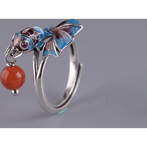 New silver Chinese national style enamel color Koi small fish retro elegant charm South Red Bead Tassel women adjustable ring