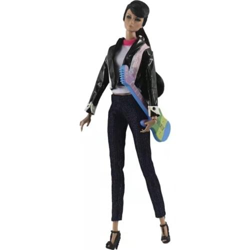 Fashion Leather 1/6 BJD Clothes for Barbie Doll Clothes Outfits Set Coat Jacket Shirt Top Guitar Jeans Pants 11.5" Accessory Toy