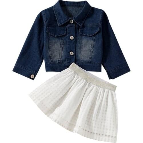 Fashion Baby Girl Autumn Clothing Sets Children Kids Clothes Denim Jacket Top+Tutu Skirts 2pcs Outfits Sets 1-6T