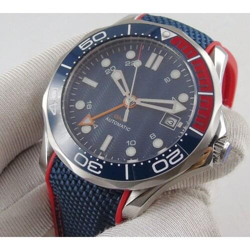 Dress 41mm Blue Automatic Men Watch Rubber Strap Sapphire Crystal GMT Seeing Back Luminous Dial Screw Crown