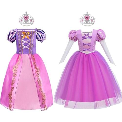 Girl Princess Dress Children Rapunzel Tangled Birthday Dress Kids Pageant Christmas Party Gown Little Girl Halloween Clothes Wig