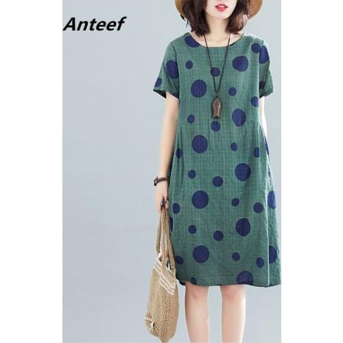 Cotton linen plus size vintage Polka Dot women casual loose midi summer dress elegant clothes 2021 ladies dresses sundress