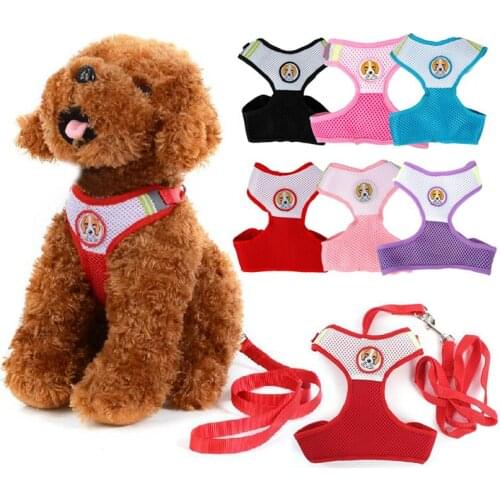 Small Dog Pet Puppy Harness and Leash Rope Set Breathable Mesh Pink Red Blue Black Purple Rose