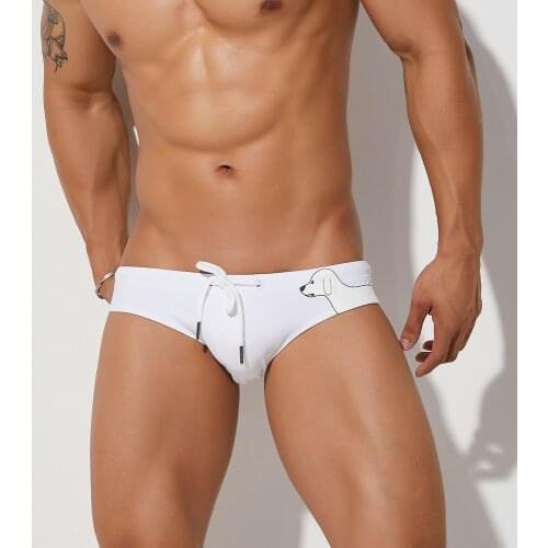 Mens White Swim Shorts Cute Dog Print Swim Briefs Swimming Wear Men Gay Bikini Swimsuit Cuecas Banador Slip Hombre 2020 M XXL