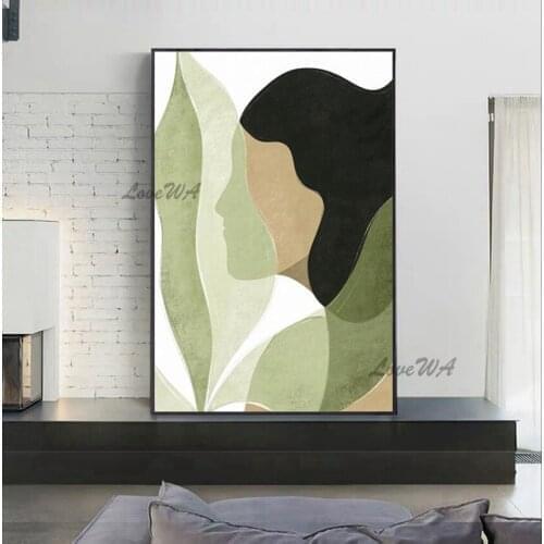 Modern Abstract Painting Of Ladys Side With Leaves Half Covering Her Face Hand-painted Restaurant Wall Art Decoration Unframed