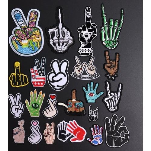 Rack Gesture Skull Fingers Patches for Clothes DIY Stripes Iron on Victory Gesture Appliques Clothing Stickers Embroidery Badges