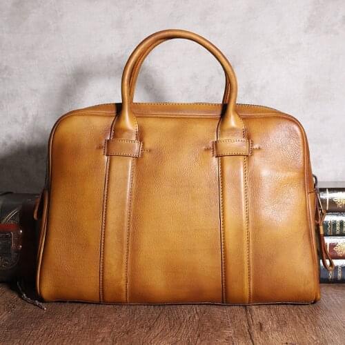 Retro highquality natural real leather mens large-capacity laptop handbag office lawyer cowhide briefcase bag
